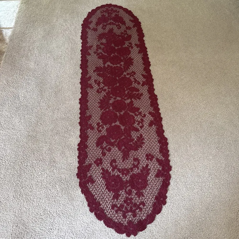 Burgundy Rose Lace Table Runner 52x14 Floral Scalloped Victorian Vtg